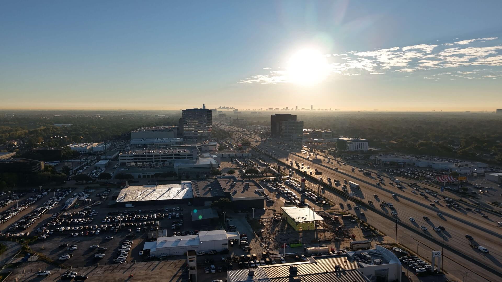 Aerial drone photography of the U.S. cityscape at sunset